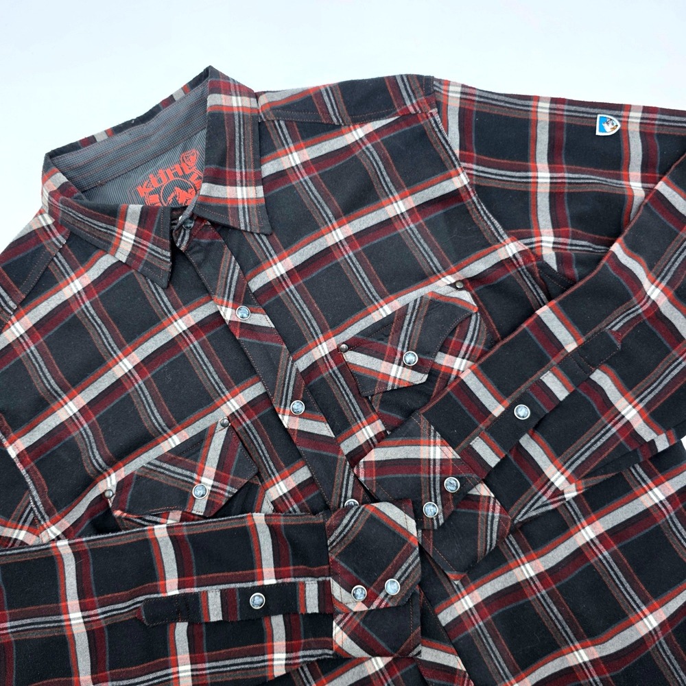 Kuhl Joyrydr Mens Medium Black Red Plaid Snap Front Flannel Western Shirt M